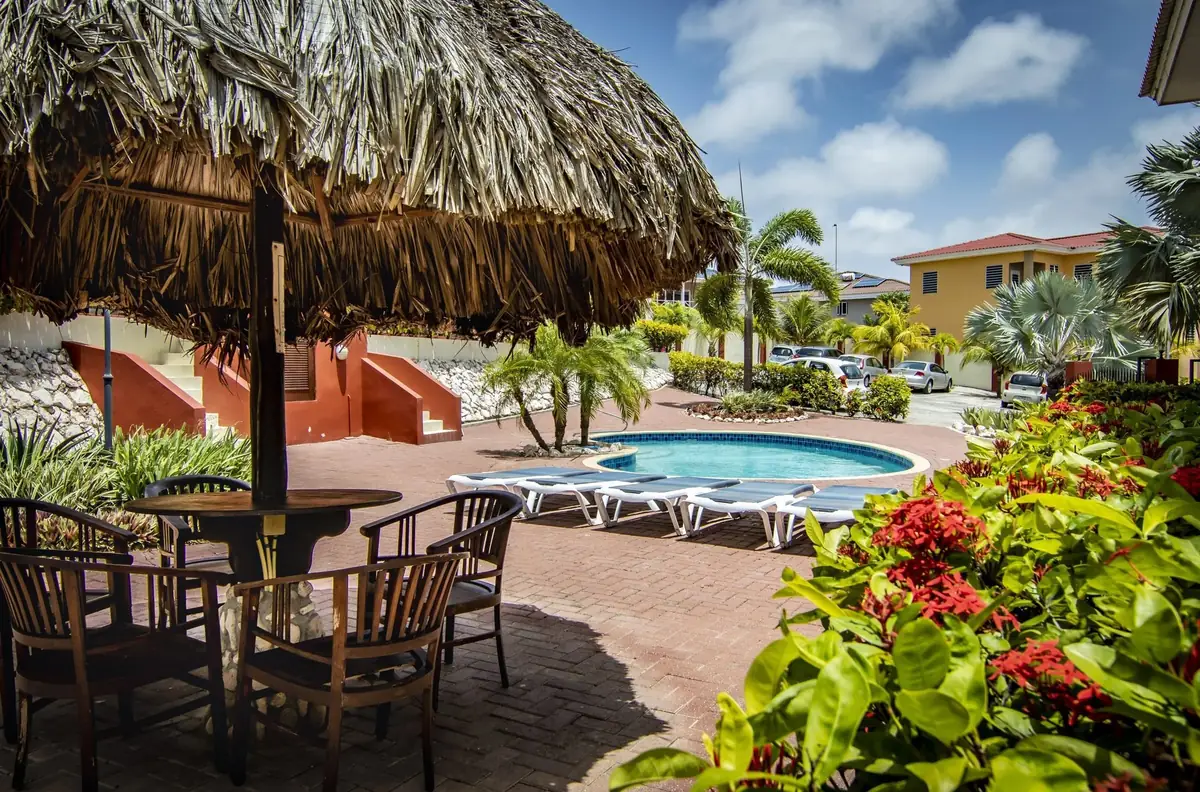 Terras onder de palapa bij het zwembad